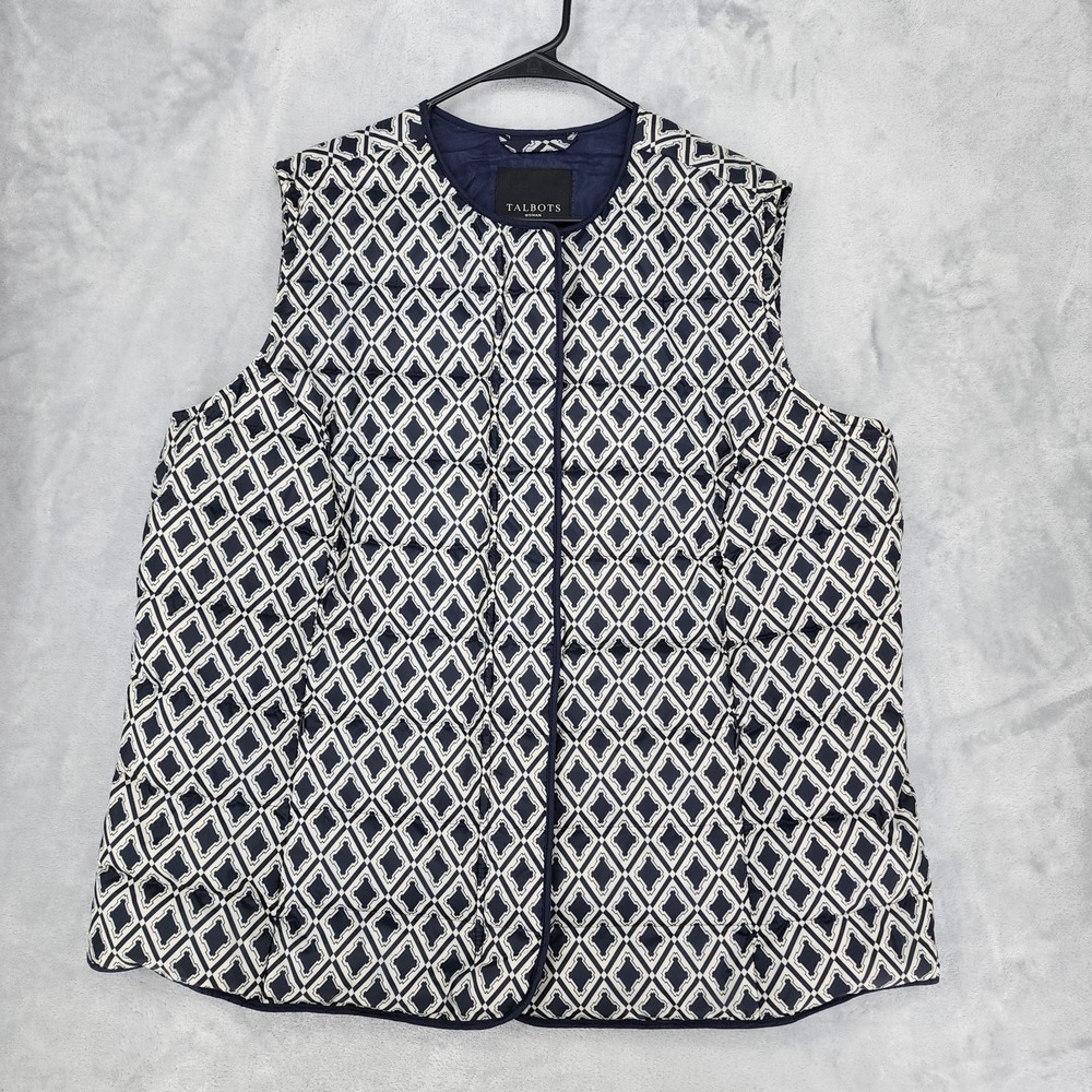 Talbots Puffer Vest Womens Size 2X Down Filled Navy Blue Diamond Quilted Zip